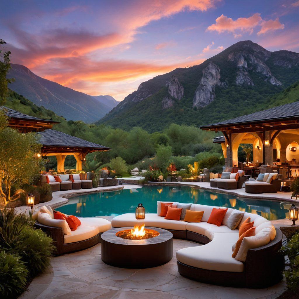 A serene landscape featuring a luxurious auberge hotel nestled in the mountains, surrounded by lush greenery and tranquil waters. Include a cozy outdoor seating area with plush cushions, a hot tub overlooking a sunset, and softly glowing lanterns creating a warm ambiance. The scene should evoke feelings of peace and ultimate relaxation, highlighting the luxury setting. vibrant colors. super-realistic. soft lighting.