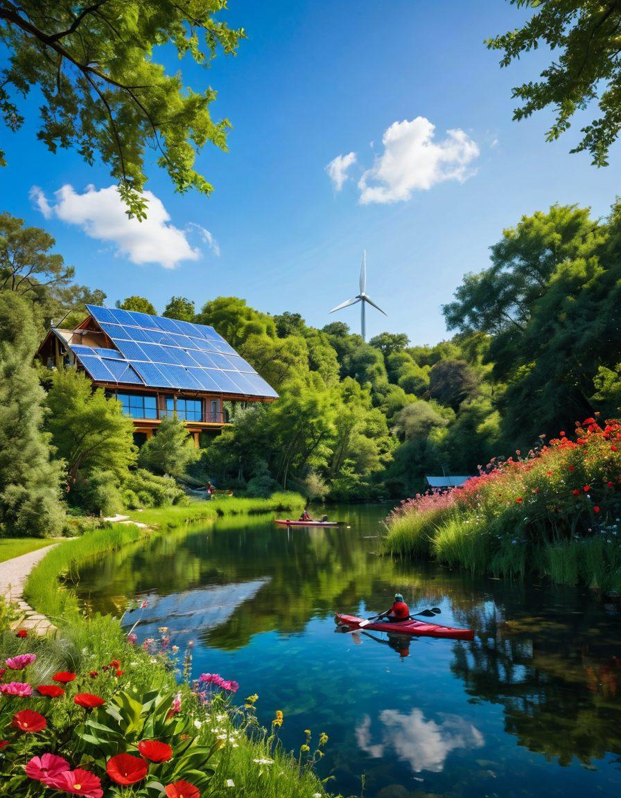 A serene landscape featuring a luxurious eco-friendly hotel nestled among lush green trees and vibrant flowers. In the foreground, a peaceful river reflects the clear blue sky, with guests kayaking and practicing yoga. Birds and butterflies flit about, symbolizing harmony with nature. A subtle solar panel and wind turbine are visible in the background, showcasing sustainability. The scene emanates tranquility and harmony. super-realistic. vibrant colors. 3D.