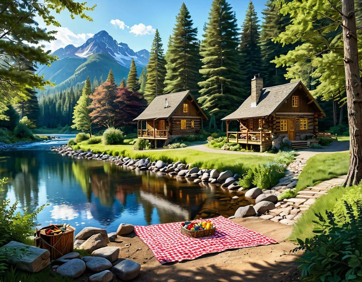 A serene landscape featuring a cozy cabin nestled in the woods, surrounded by lush greenery and sparkling sunlight filtering through the trees. Include a beautifully set picnic area with a checkered blanket, gourmet snacks, and a softly flowing river nearby. In the background, show distant mountains and a clear blue sky. Emphasize a feeling of tranquility and adventure. super-realistic. vibrant colors. 3D.